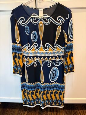 Ali Ro Navy, Gold & Light Blue Long Sleeve Patterned Dress
